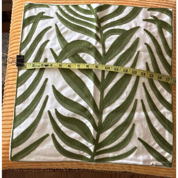 Leafy Embroidered Pillow Cover 17.5"x18" Green Tropical Botanical Design Cotton - Picture 2 of 4